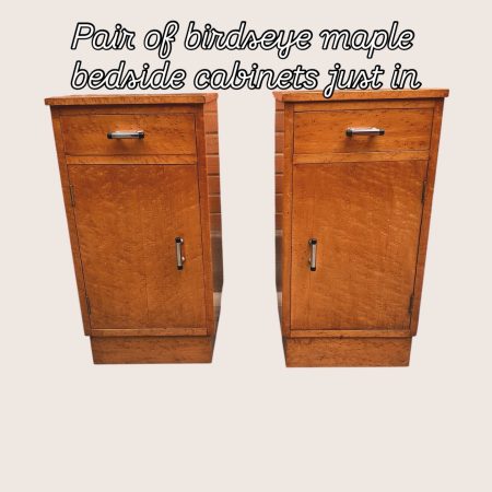 A fantastic pair of Art Deco 1930’s Birds Eye Maple Bedside Lockers with original brass handles